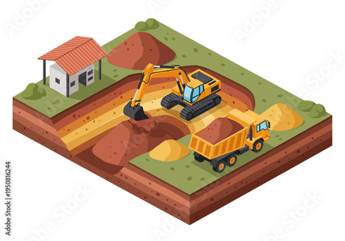 Construction site with excavator and dump truck digging and moving earth in isometric view