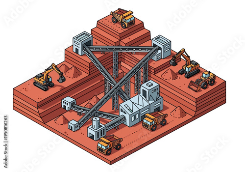 Isometric illustration of an industrial mining operation with excavators, trucks, and a complex network of conveyors and structures