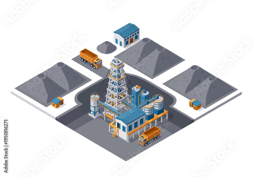 Isometric industrial facility with trucks and piles of raw materials, representing manufacturing and resource processing