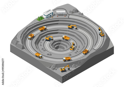 Isometric illustration of a large open-pit mine with excavators and dump trucks working in circles