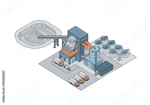 Industrial factory with raw materials, processing plant, and trucks, depicting large-scale production and logistics operations