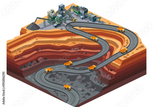 An isometric illustration of an open-pit mine with trucks hauling materials