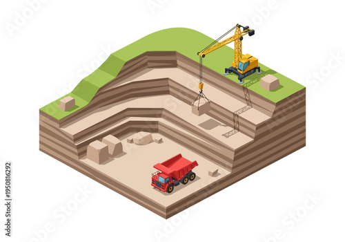 Isometric construction site with excavator, dump truck, and crane working in a quarry
