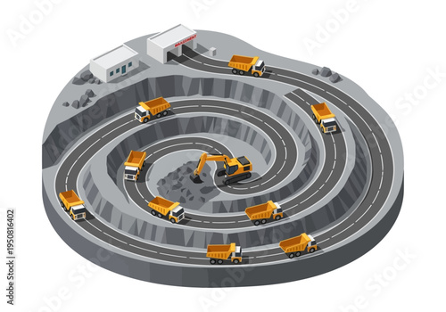 Industrial mining operation with heavy machinery and haul trucks on spiral ramps