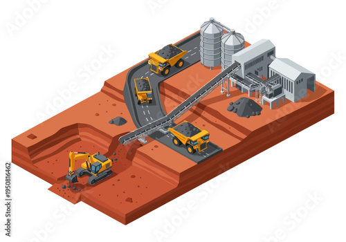 Industrial mining process with heavy machinery and trucks transporting raw materials