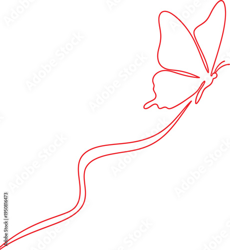 A minimalist line drawing of a butterfly in flight with a long trailing line