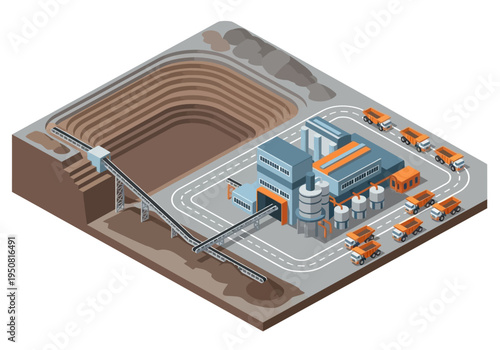 Industrial mining operation with trucks and conveyor belts transporting materials from a pit mine