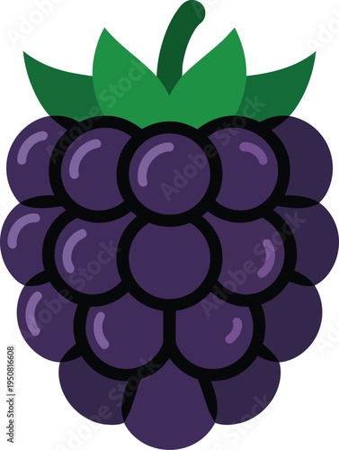 A cartoon illustration of a cluster of purple grapes with green leaves