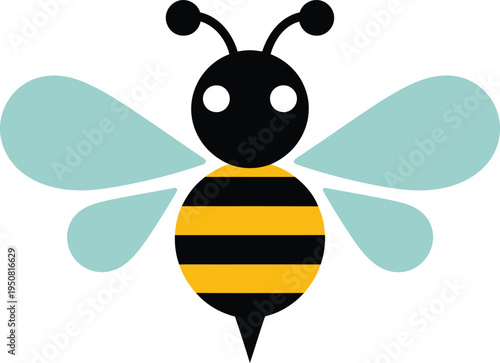 A cartoon illustration of a bee with yellow and black stripes