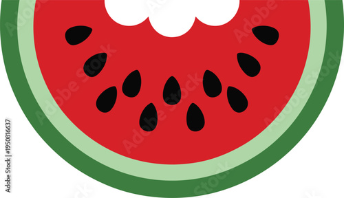 A cartoon slice of watermelon with green rind and black seeds