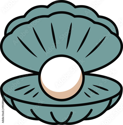 An open teal colored oyster shell with a pearl