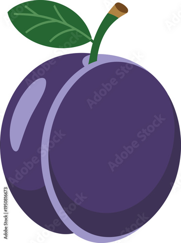 A vibrant purple plum with green leaf and stem on white background