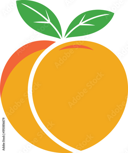 A vibrant orange peach icon with green leaves on a white background