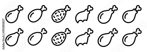 Chicken drumstick outline icon set. Clean vector poultry symbols created for restaurants, fast food branding, agriculture and food industry visuals.