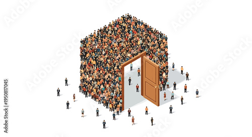 Vector illustration of crowd of people trying to enter through open door