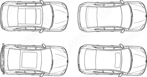 Top view car set vector illustration, sedan vehicle outline collection, transportation design element, automobile blueprint style isolated on background