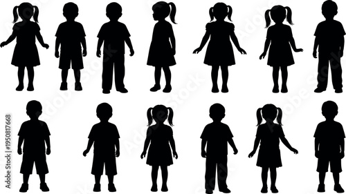 Set of kids silhouettes featuring little boys and girls in casual clothes standing isolated on white background for vector design