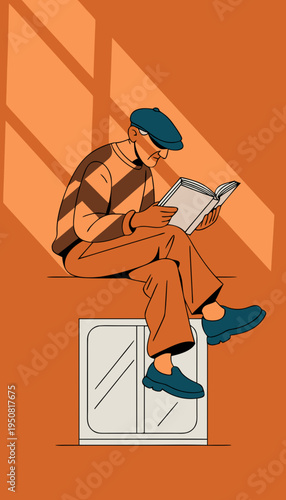 Person Sitting Reading a Book on Orange Background Minimal Lifestyle Concept