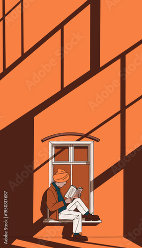 Person Sitting Reading a Book on Orange Background Minimal Lifestyle Concept