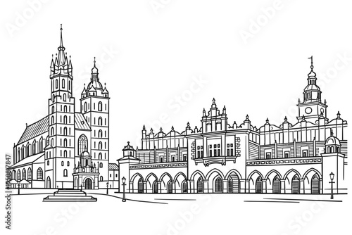 Detailed Line Art Illustration of Krakow Architectural Landmarks Featuring St. Mary's Basilica and the Cloth Hall Sukiennice on the Main Market Square in Poland, Simple Flat Vector Design