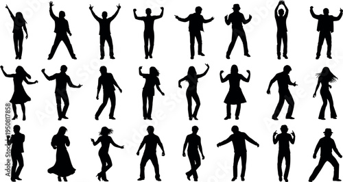 Set of twenty four black silhouettes of men and women dancing in various poses isolated on white background for party