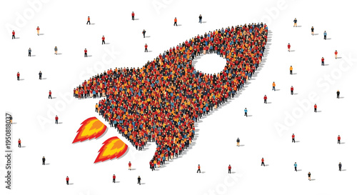 Vector illustration of a crowd forming a rocket ship