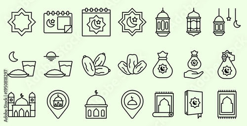 Collection of Islamic Symbols and Icons for Ramadan, eid , and Mosque.