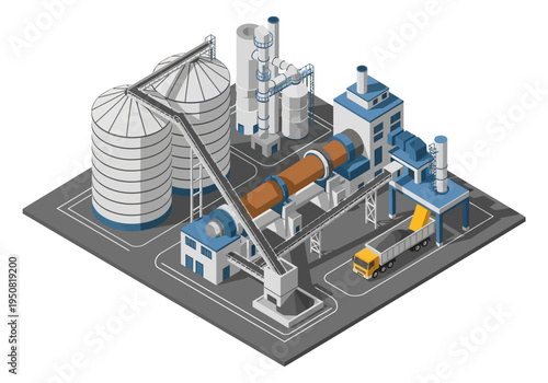 Industrial cement factory with silos, rotary kiln, and truck for material transport