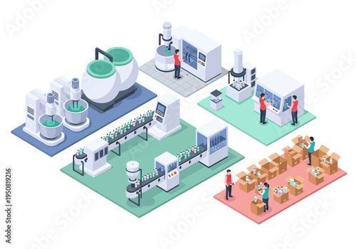 Industrial production line illustration showing manufacturing, packaging, and quality control processes