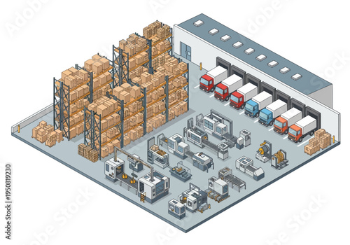 Isometric illustration of a modern logistics warehouse with storage racks, forklifts, and delivery trucks