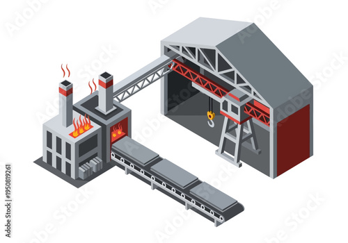 Industrial factory complex with a furnace and conveyor belt system, representing manufacturing and production