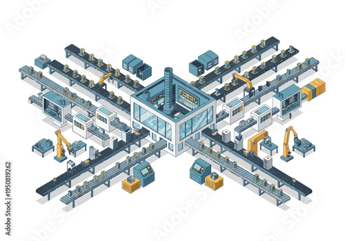Isometric view of a modern automated factory production line with robotic arms and conveyor belts