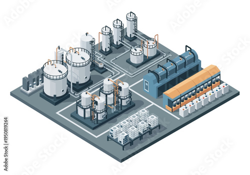 Isometric view of a modern chemical processing plant with storage tanks and industrial equipment