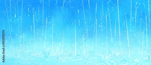 雨と水の波紋の美しい水彩イラスト　梅雨の風景