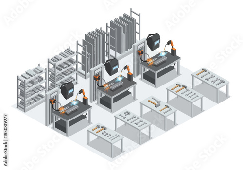 Industrial workshop with welding stations, metal racks, and tools, isometric view
