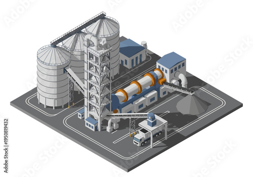 Isometric view of a large industrial cement manufacturing plant with silos and conveyor belts, heavy machinery