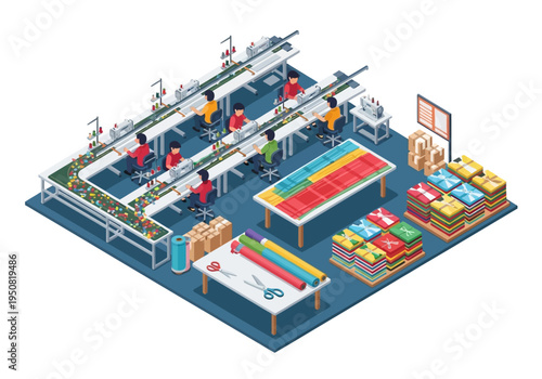Isometric factory floor with workers on assembly line processing colorful goods and finished products stacked neatly