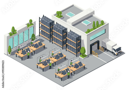 Modern isometric illustration of a logistics and distribution warehouse interior with organized shelving and workstations
