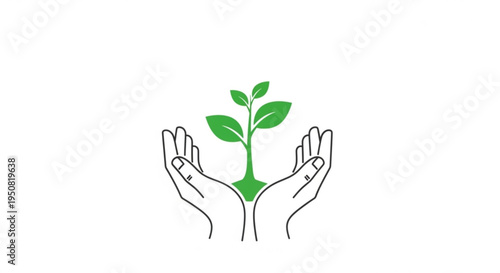 Hands cradling a small green plant with leaves symbolizing growth and nurturing in a simple line art style on a white background