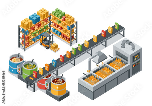 Factory production line for food processing with automation and packaging