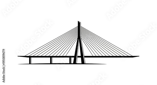 Cable stayed bridge with single pylon and multiple cables on white background