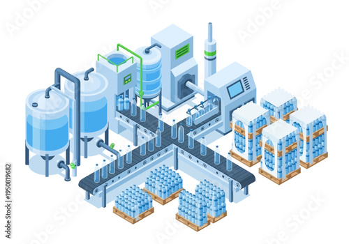 Industrial beverage production line with automated bottling and packaging system