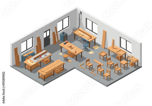 Isometric view of a spacious woodworking shop filled with tools and furniture