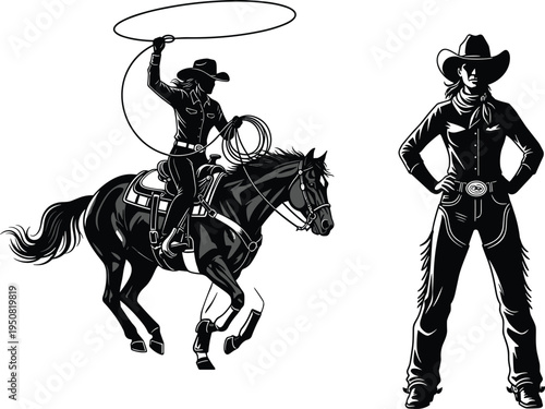 Western Cowboy and Cowgirl Vector Illustration Featuring Horseback Lasso Rider and Standing Ranch Woman Silhouette Design for Adobe Stock SEO