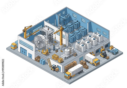 Industrial manufacturing plant with machinery and shipping logistics