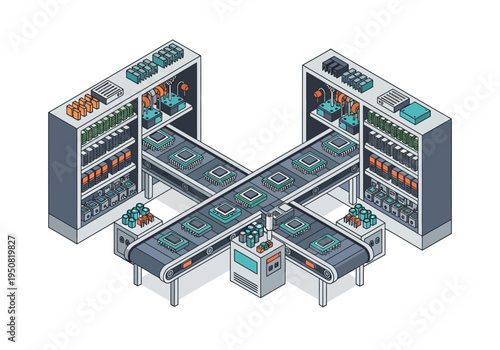 Automated manufacturing process with conveyor belts and robotic arms in a factory