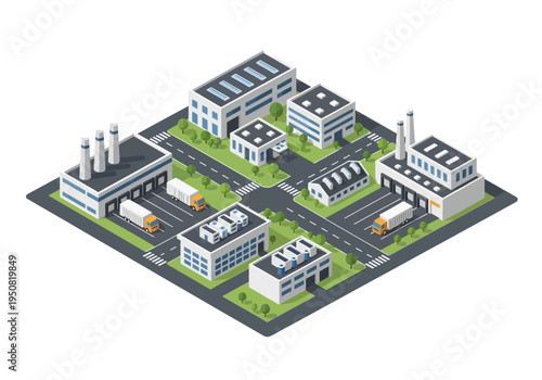Isometric industrial park illustration with warehouses, factories, and delivery trucks