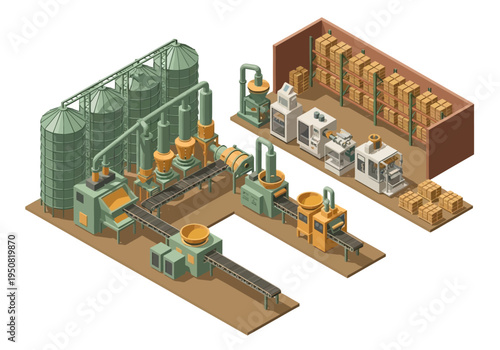 Isometric factory production line with machinery and warehouse storage, showcasing industrial manufacturing process