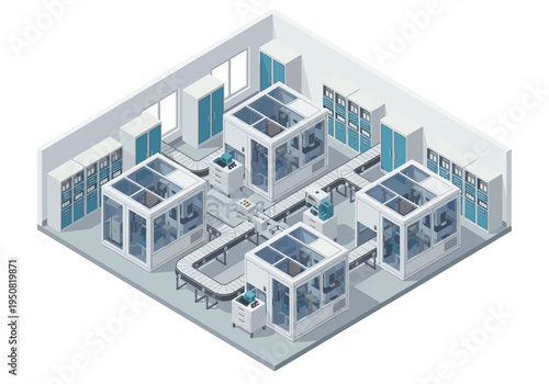 Automated factory floor with conveyor belts and robotic machines in an industrial setting