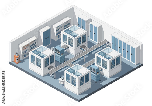 Automated factory assembly line with robotic arms and conveyor belts in a clean room environment